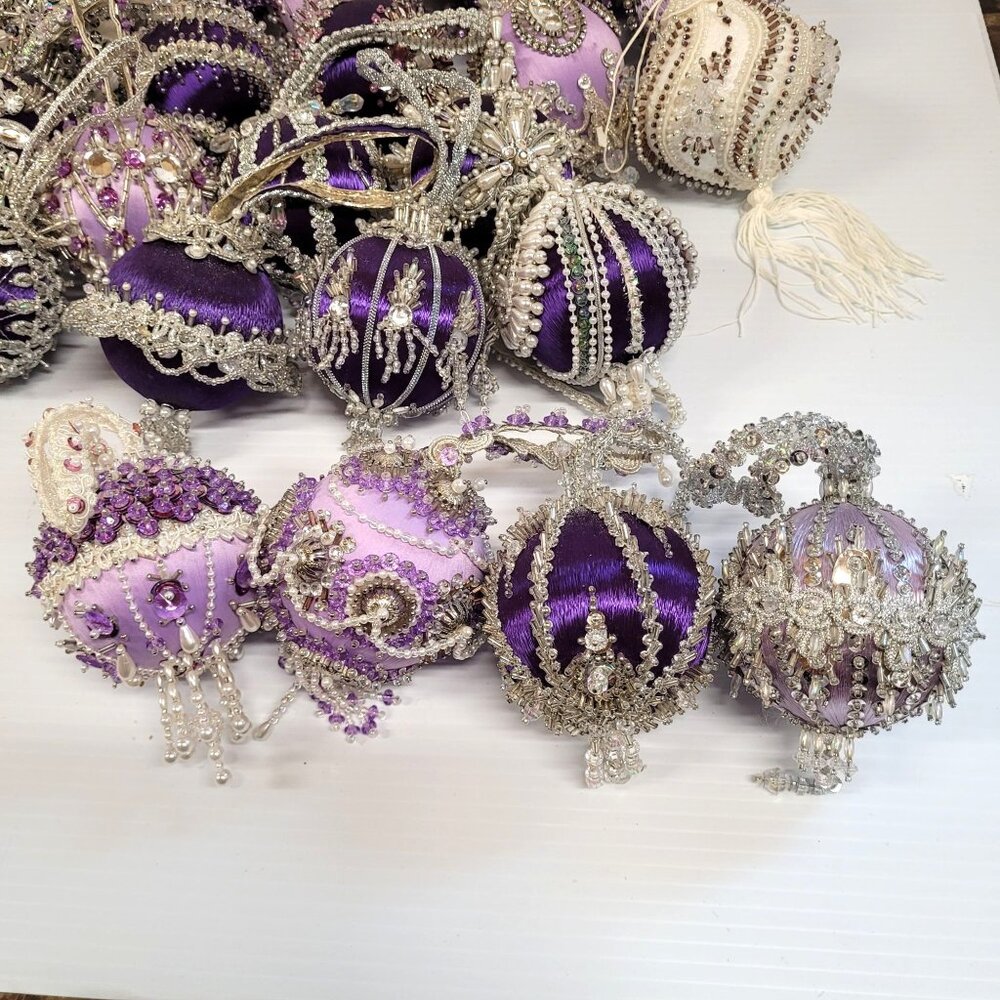 Beaded Sequin Push Pin Satin Christmas Ornaments Lot 35 Handmade Purple Lavender - Picture 4 of 10